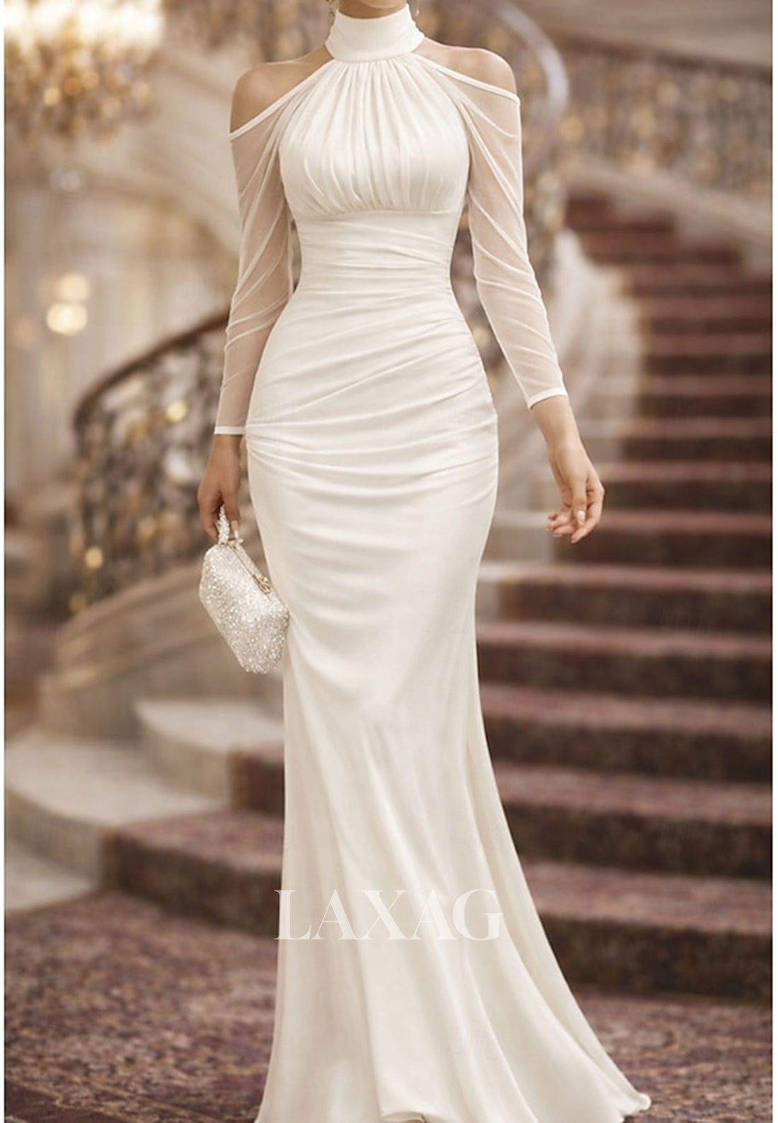 Halter-Neck Off-Shoulder Long-Tulle-Sleeves Satin Pleated Floor-Length Mermaid Evening Dress