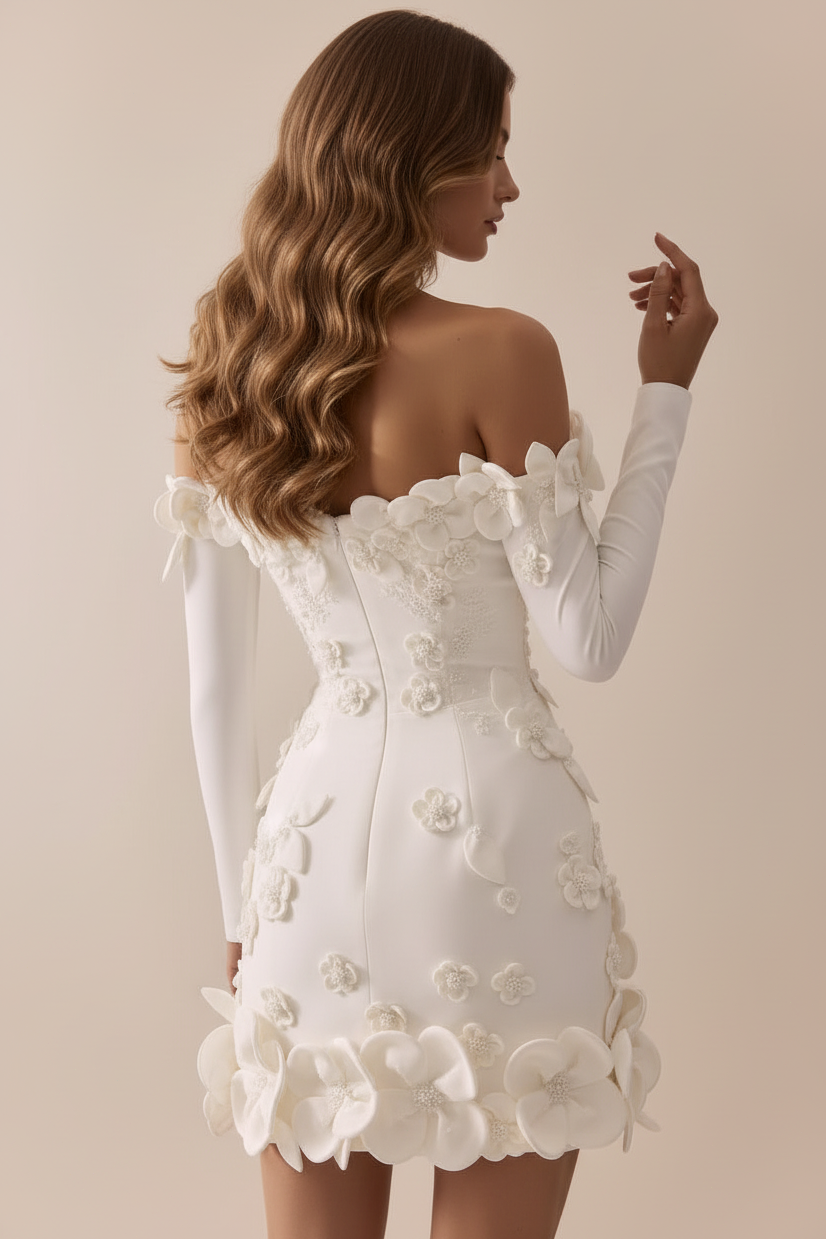 Bateau-Neck Long-Sleeves Sequined Beaded Floral Embellished Satin Mermaid Wedding Dress