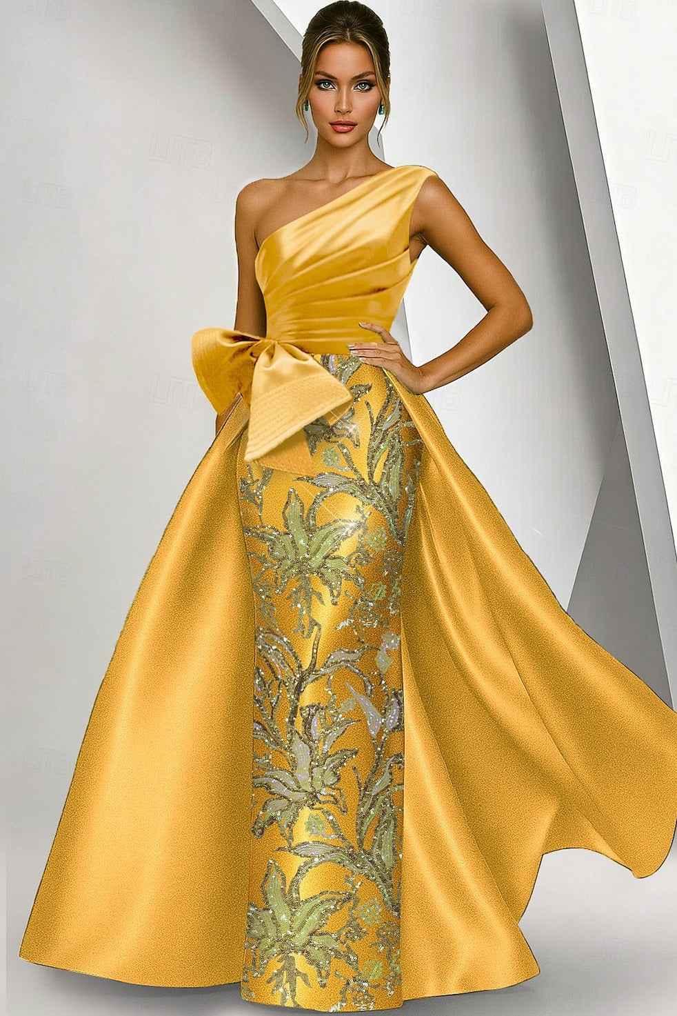 Asymmetrical-Neck Sleeveless Sequined Satin Pleated Mermaid Evening Dress with Overskirt
