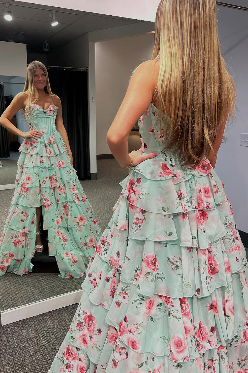 Sweetheart Off-Shoulder Sleeveless Floral Print-Chiffon Pleated Tiered A-Line Prom Dress