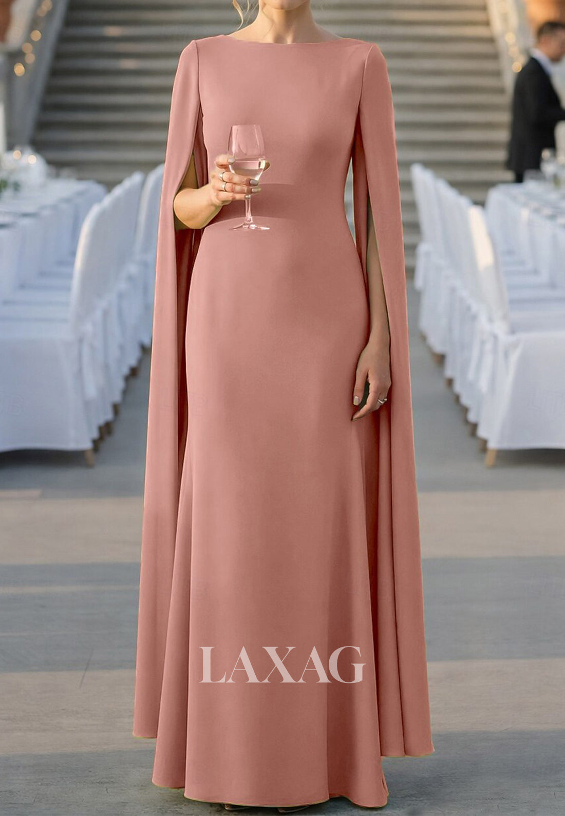 Scoop-Neck Cape-Sleeves Satin Floor-Length Simple Mermaid Formal Mother of the Bride Dress