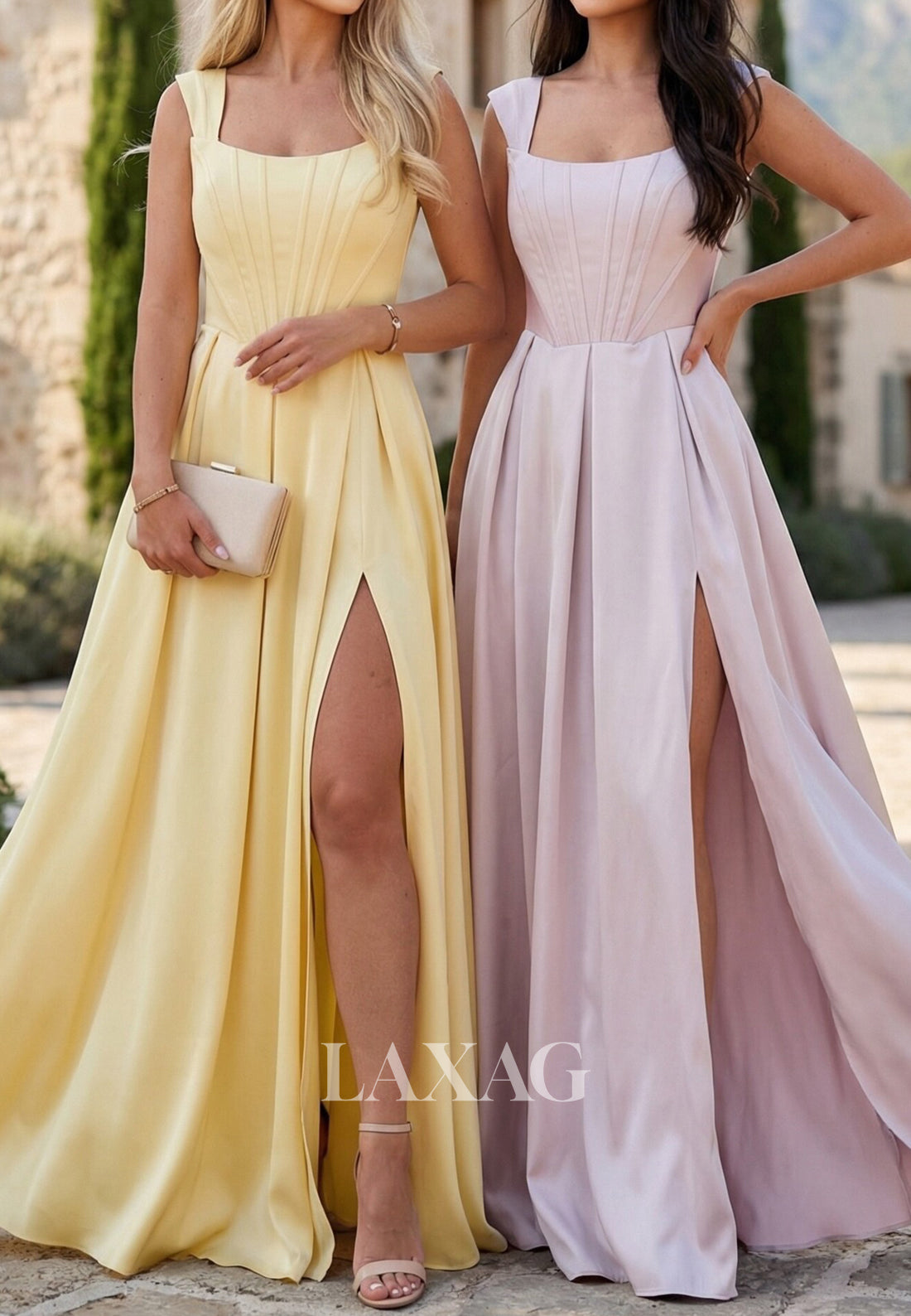 Bateau-Neck Straps Sleeveless Floor-Length Satin Pleated Simple A-Line Prom Dress with High Slit