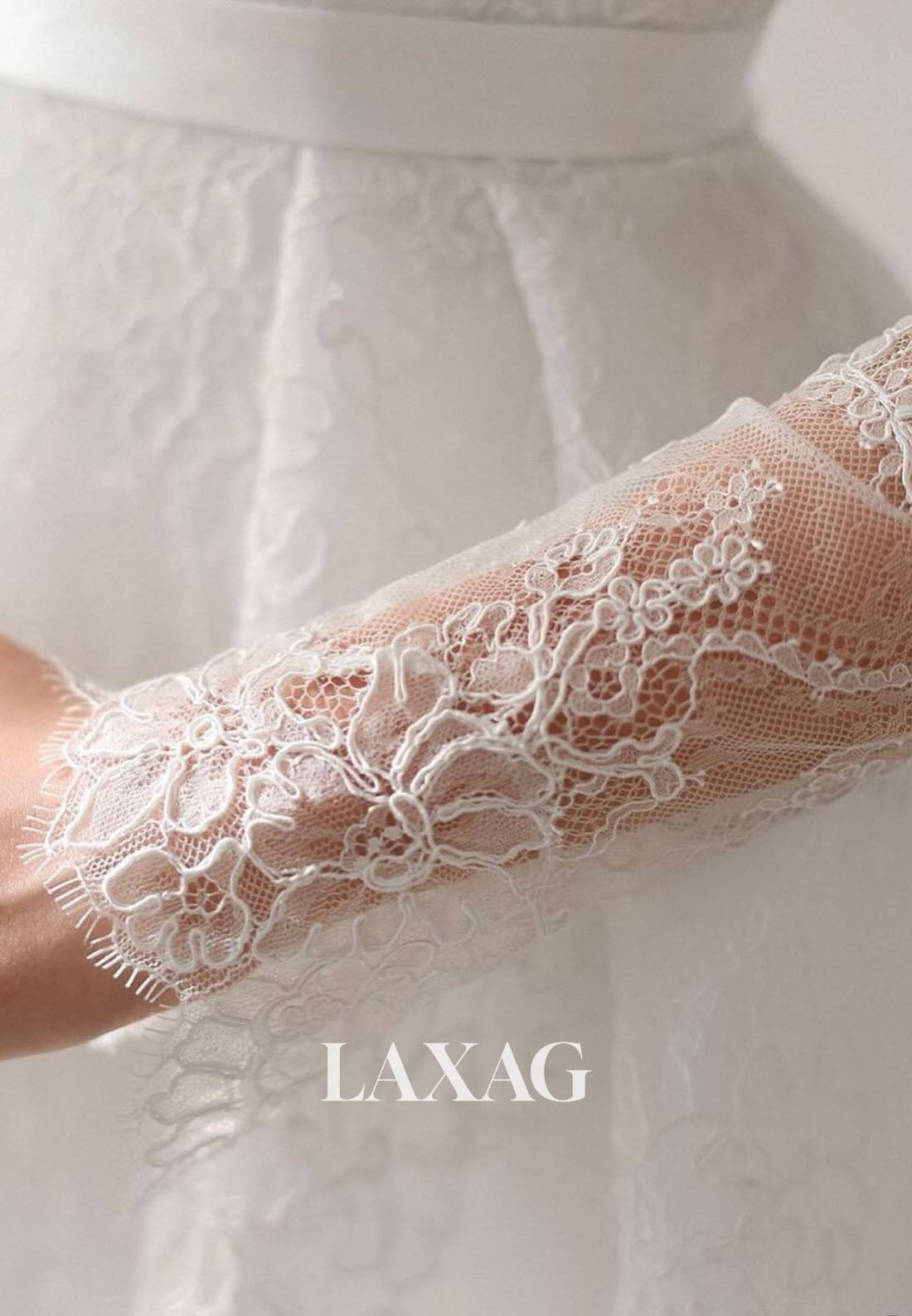 A-Line High V-Neck Long-Sleeves Allover Lace Pleated Sheer Sweep Train Wedding Dress
