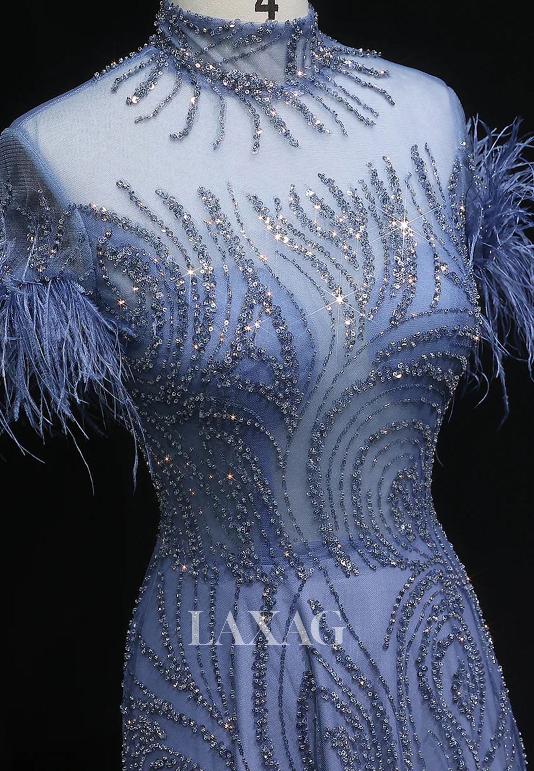 High-Neck Short-Sleeves Pleated A-Line Prom Dress Feathered Fully Sequined Beaded Evening Gowns