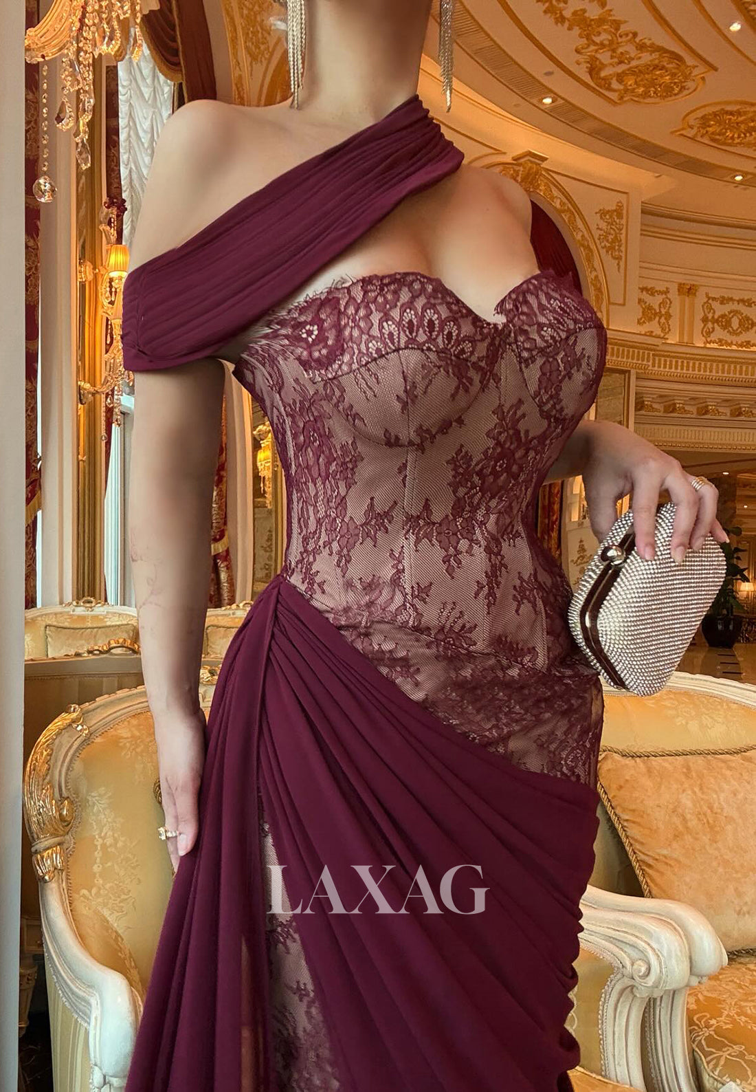 Sweetheart Sleeveless Lace&Chiffon Pleated Floor-Length Mermaid Evening Dress