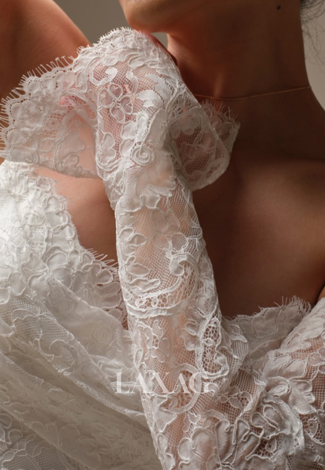 Sweetheart Long-Sleeves Allover Lace Applique Pleated A-Line Wedding Dress with Train