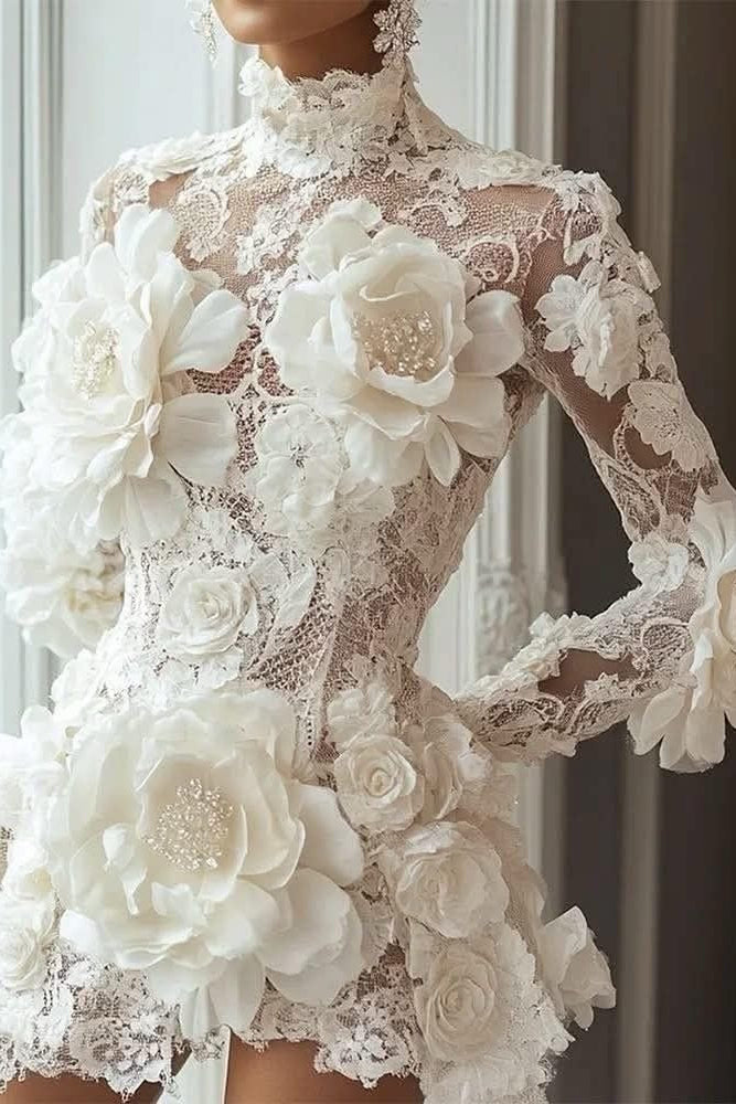 Floral Embellished Allover Lace Sheer High-Neck Long-Sleeves Short Mermaid Wedding Dress