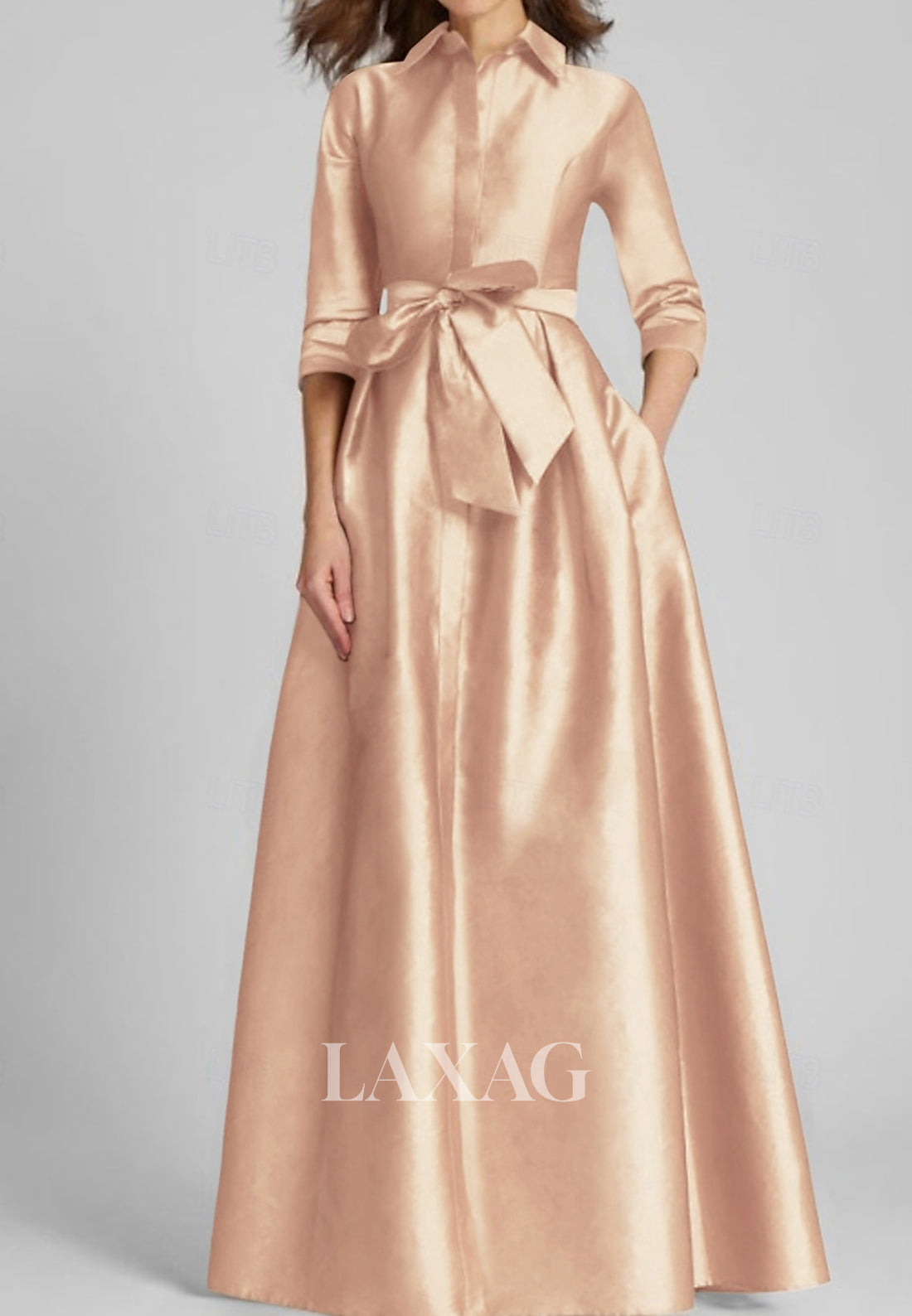 Collared V-Neck 3/4-Sleeves Satin Pleated Floor-Length A-Line Mother of the Bride Dress