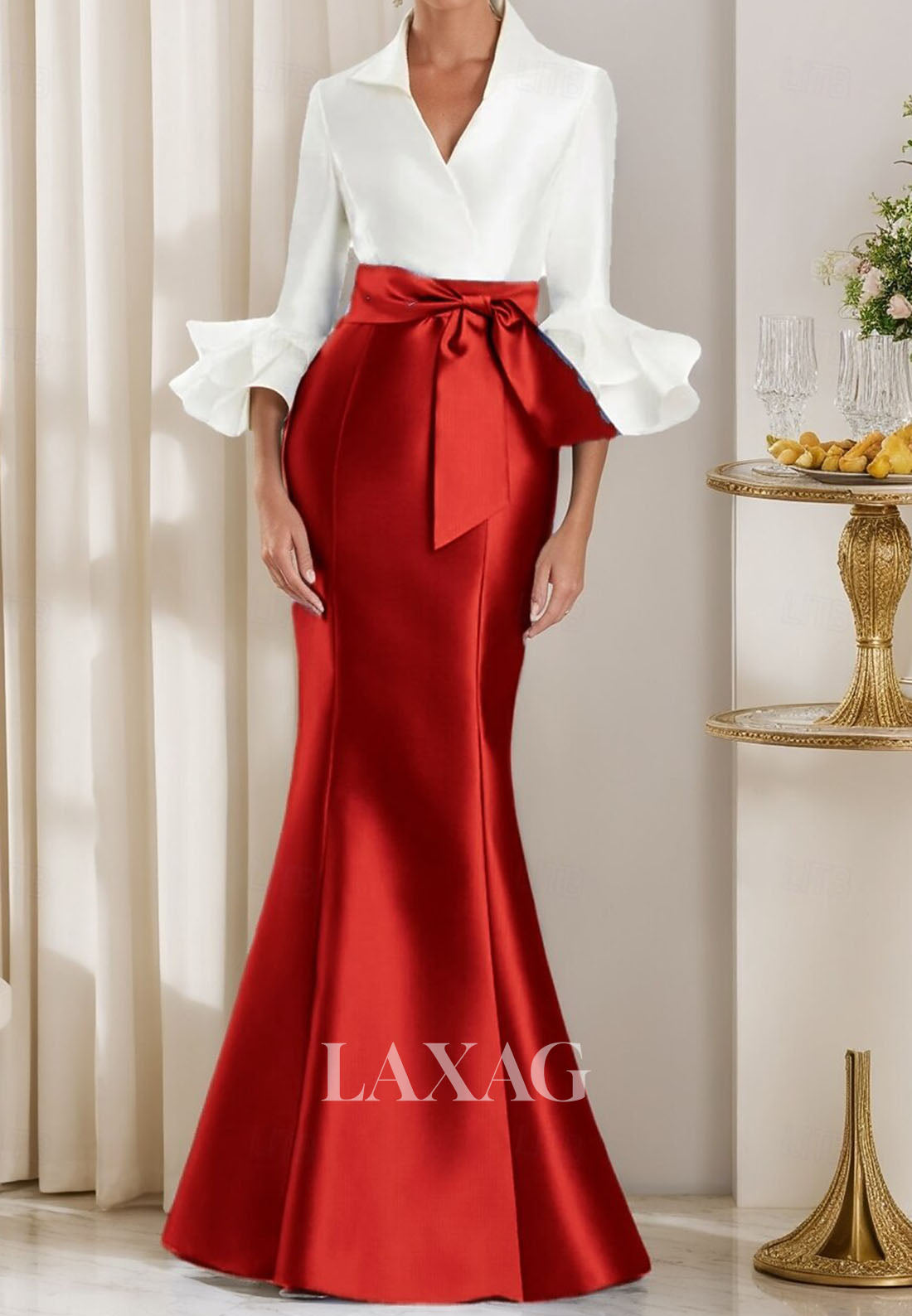 V-Neck Half-Sleeves Trumpet Mermaid Evening Dress Pleated Satin Floor-Length Formal Gowns