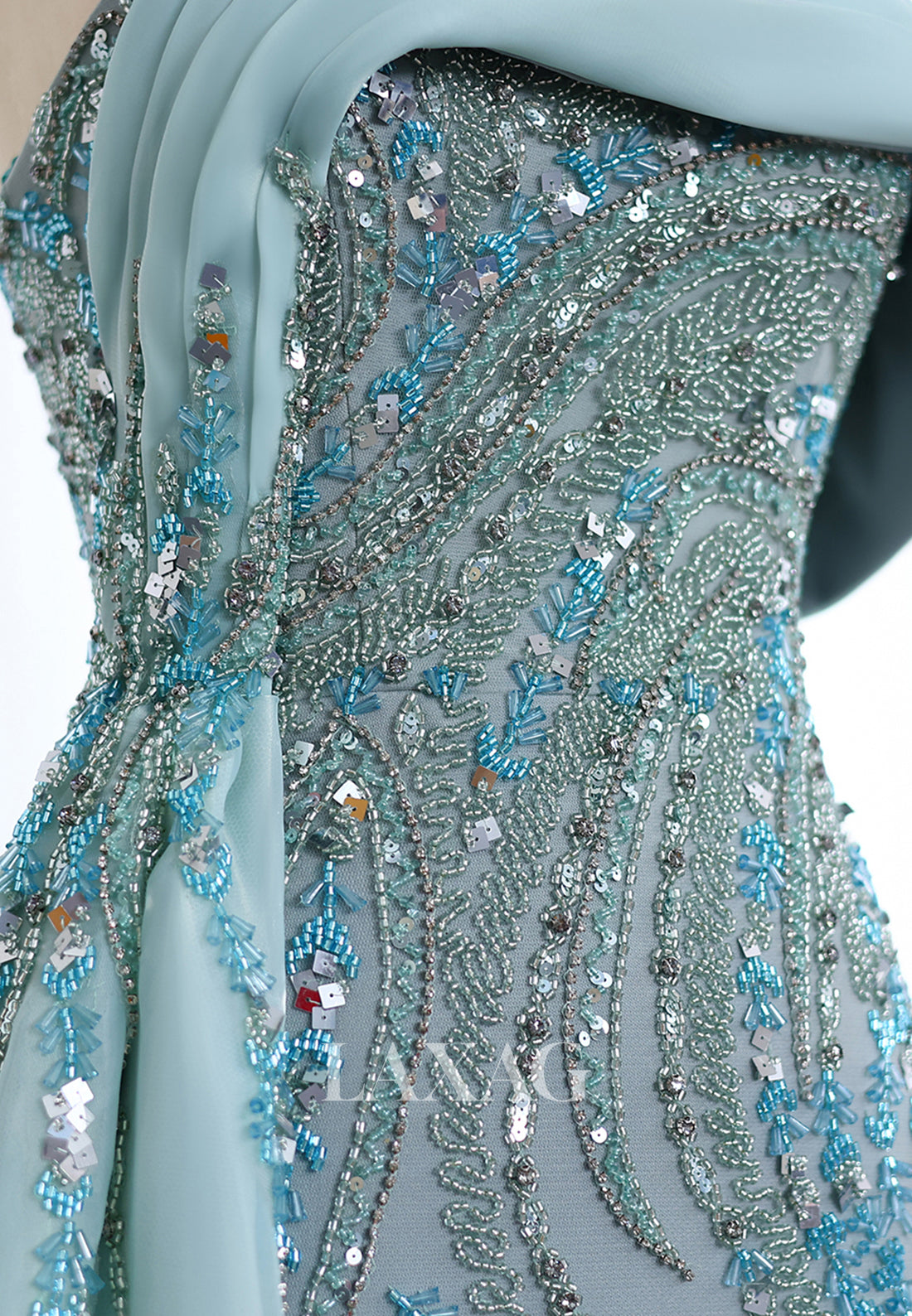 Asymmetrical-Neck Sleeveless Beaded Sequined Pleated Chiffon Meramid Evening Dress with Train