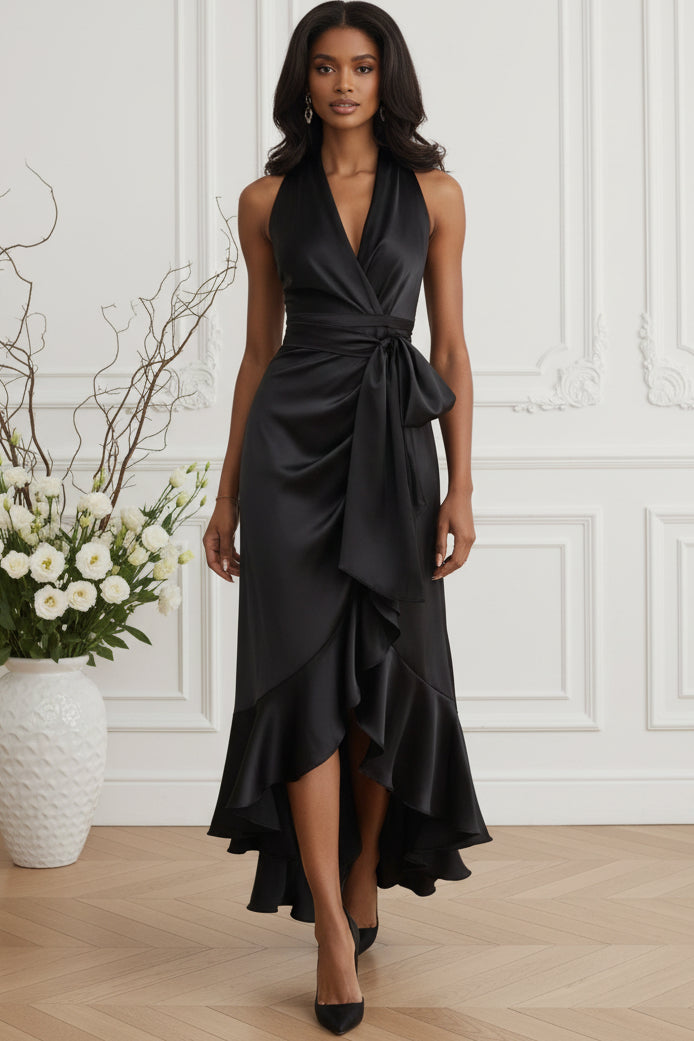 Halter V-Neck Sleeveless Mermaid Mother of Bride Dress Sleeveless High-Low Pleated Satin Formal Gowns