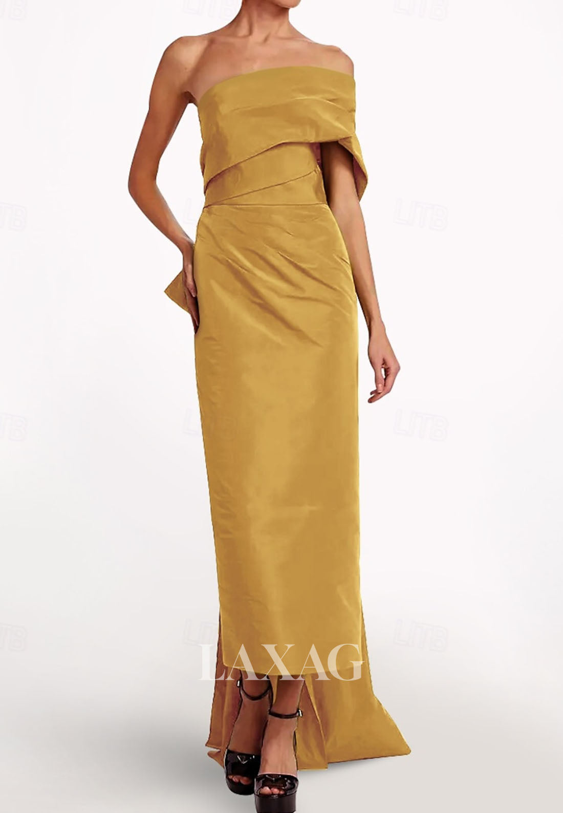 Asymmetrical-Neck Off-Shoulder Sleeveless Pleated Satin Ankle-Length Mermaid Formal Evening Dress