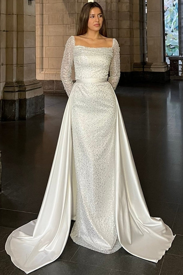 Square-Neck Long-Sleeves Fully Sequined Beaded Mermaid Wedding Dress with Satin Overskirt