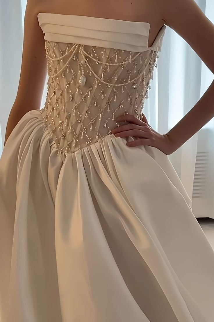 Tube Top Sleeveless Rhinestone Beaded Satin Pleated A-Line Wedding Dress with Train