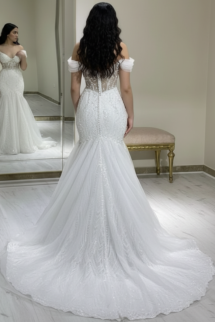 V-Neck Sleeveless Fully Sequined Beaded Tulle Pleated Trumpet Mermaid Wedding Dress