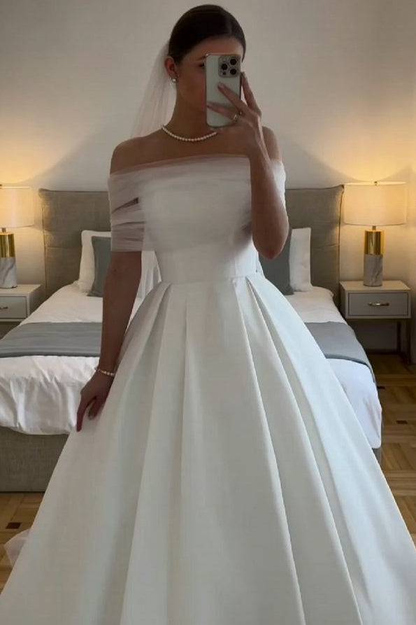 Bateau-Neck Off-Shoulder Sleeveless Satin&Tulle Pleated Floor-Length A-Line Wedding Dress