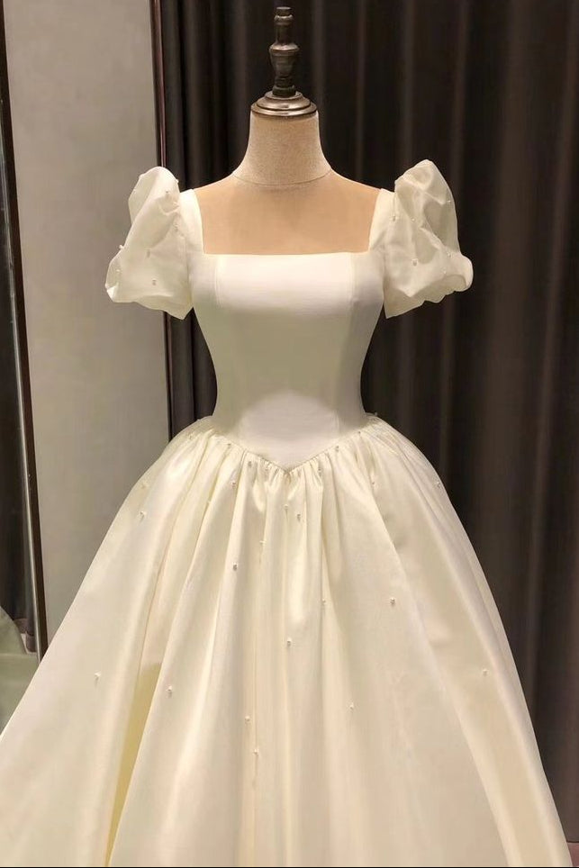 Square-Neck Cap-Sleeves Beaded Satin Pleated A-Line Wedding Dress with Train