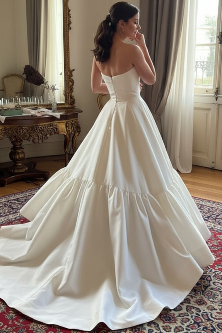 Tube Top Off-Shoulder Floor-Length Satin Pleated A-Line Wedding Dress with Sweep Train