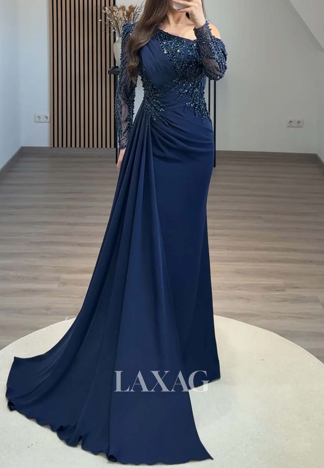 Long-Sleeves Beaded Pleated Formal Gowns Asymmetrical-Neck Sweep Train Laxag Long-Sleeves Beaded Pleated Formal Gowns Asymmetrical-Neck Sweep Train Laxag