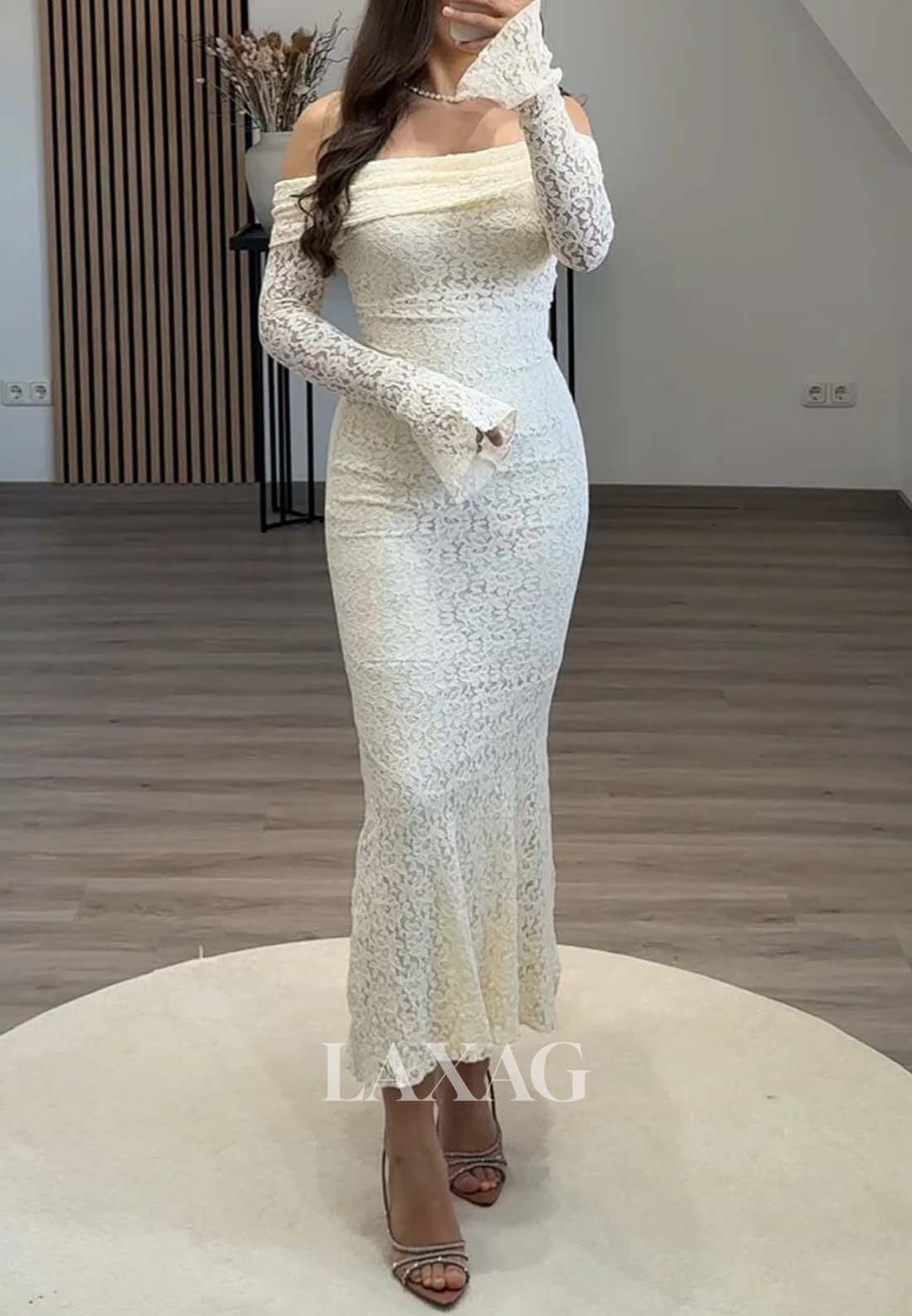 Tube Top Allover Lace Ankle-Length Formal Gowns Long-Sleeves Pleated Mermaid Evening Dress Tube Top Allover Lace Ankle-Length Formal Gowns Long-Sleeves Pleated Mermaid Evening Dress