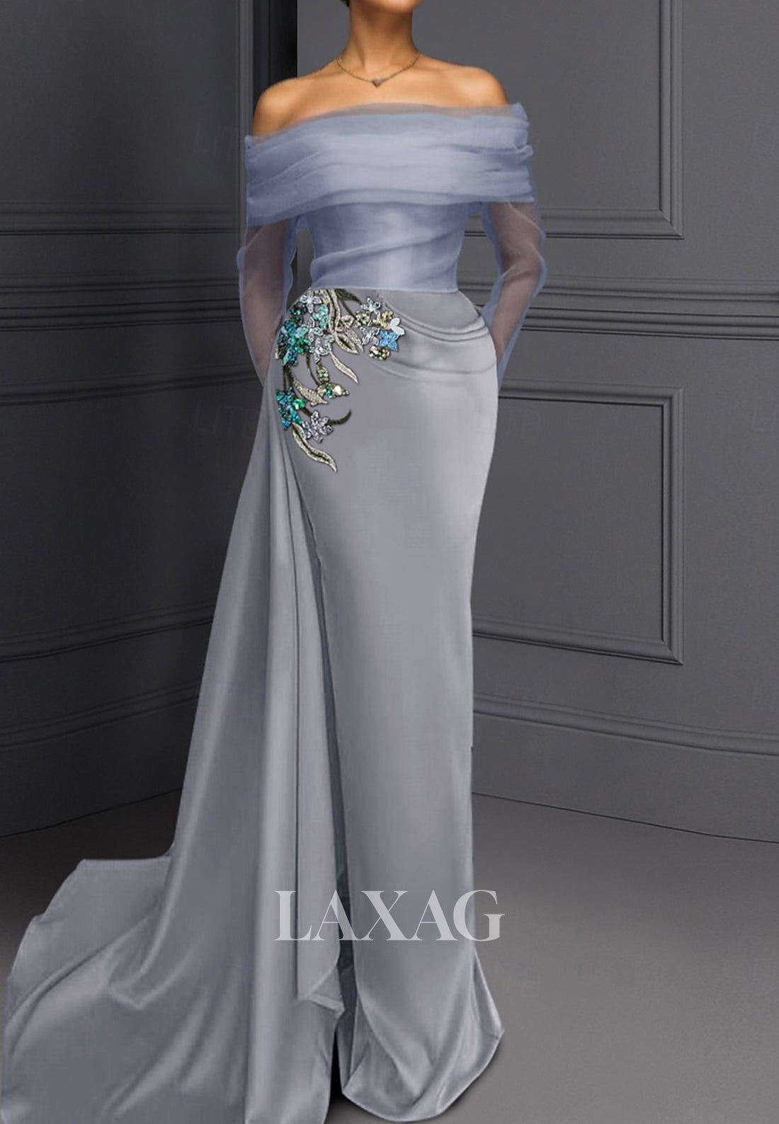 Bateau-Neck Long-Sleeves Beaded Sequined Applique Tulle&Satin Pleated   Laxag