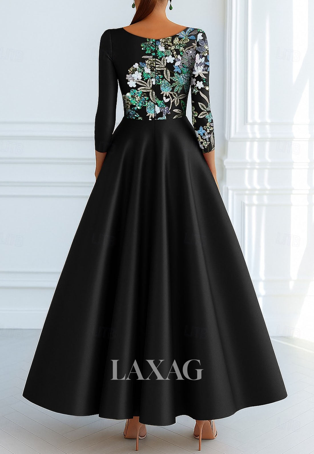 A-Line Long-Sleeves Pleated Satin Evening Dress Sequined Applique Ankle-Length Formal Gowns