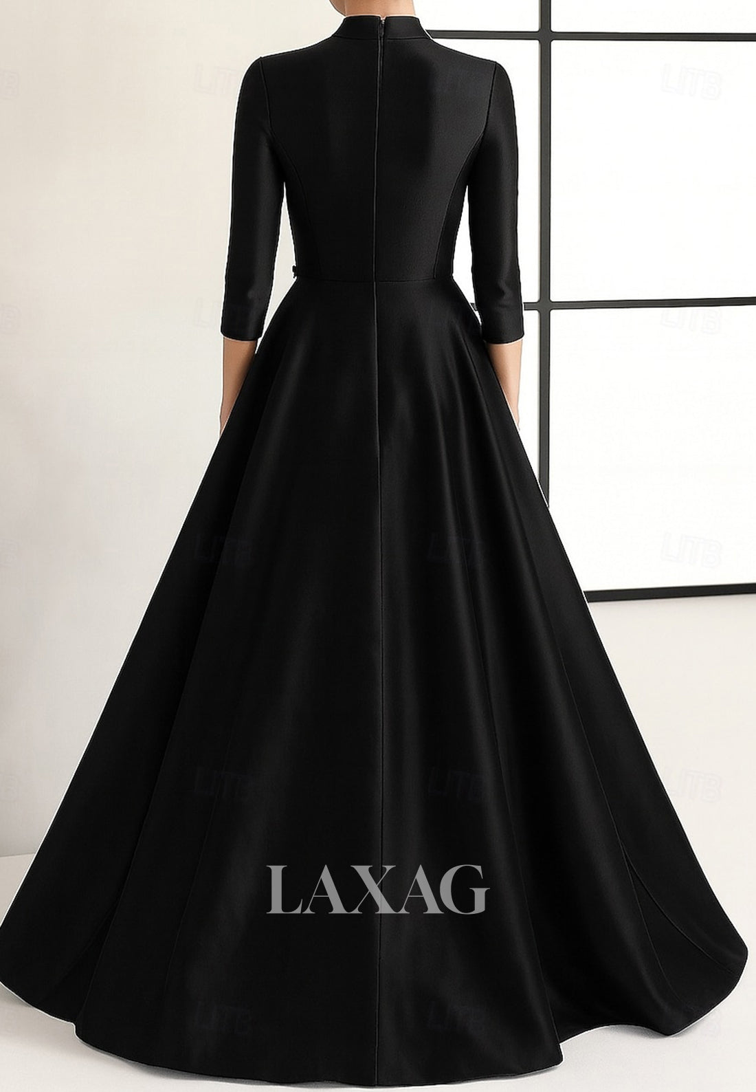 High-Neck 3/4-Sleeves 3D-Floral Satin Pleated Floor-Length Mermaid Mother of the Bride Dress