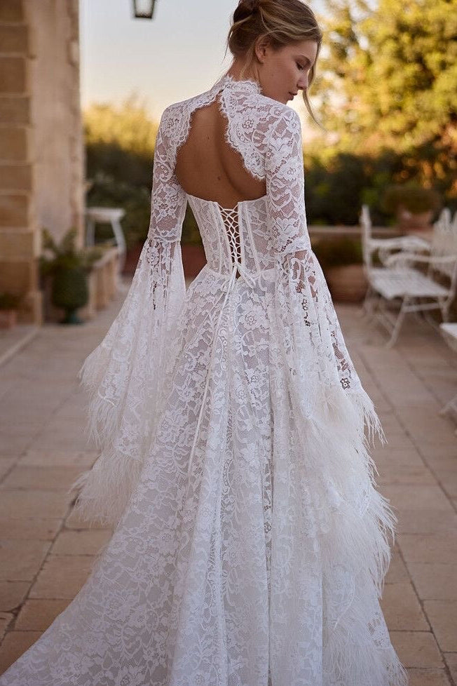 Sweetheart Long-Sleeves Fringed Allover Lace Pleated Sheer A-Line Wedding Dress with Train