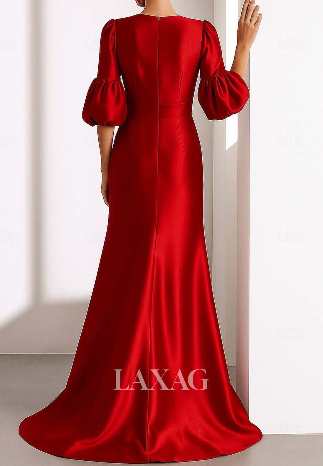 V-Neck Half-Sleeves 3D-Floral Satin Pleated Floor-Length Mermaid Evening Dress