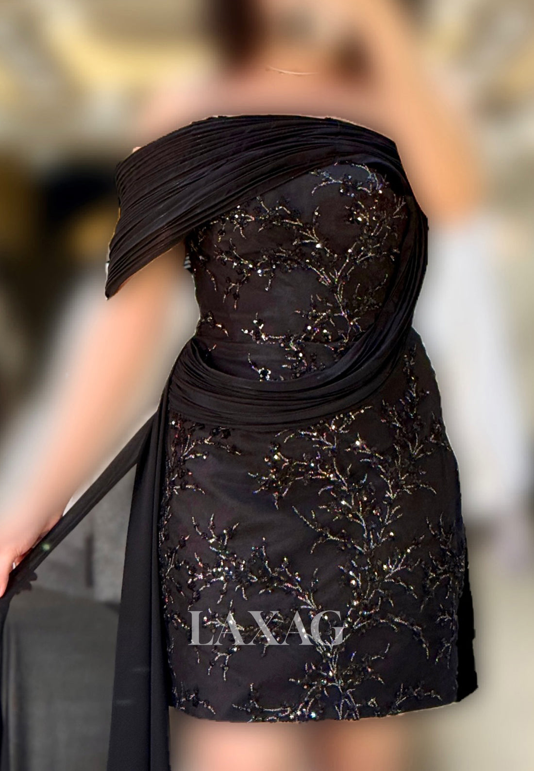 Off-Shoulder Tube Top Sleeveless Sequined Pleated Chiffon Short Mermaid Party Homecoming Dress