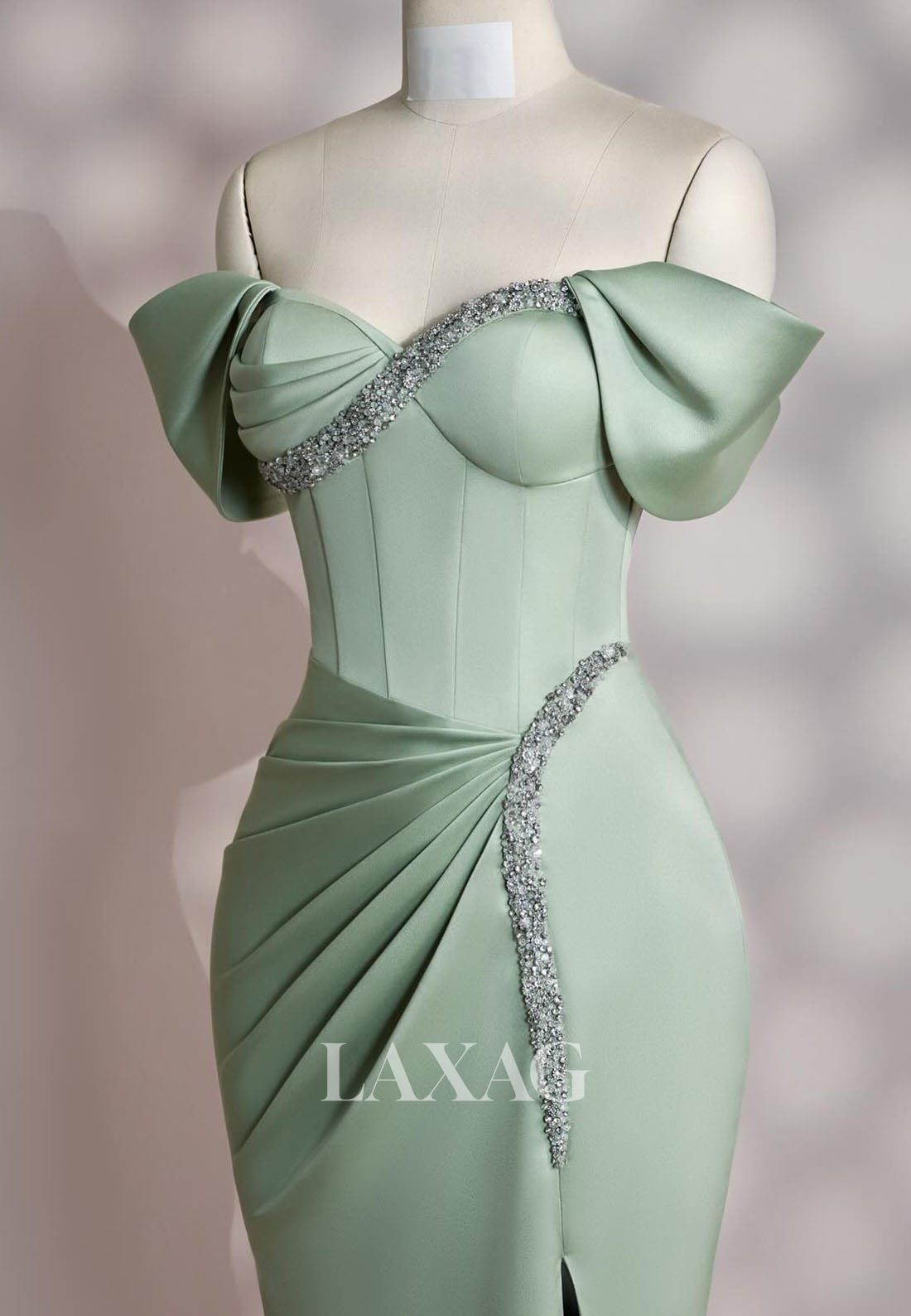 Sweetheart Off-Shoulder Beaded Formal Gowns Pleated Satin Floor-Length Evening Dress with Slit