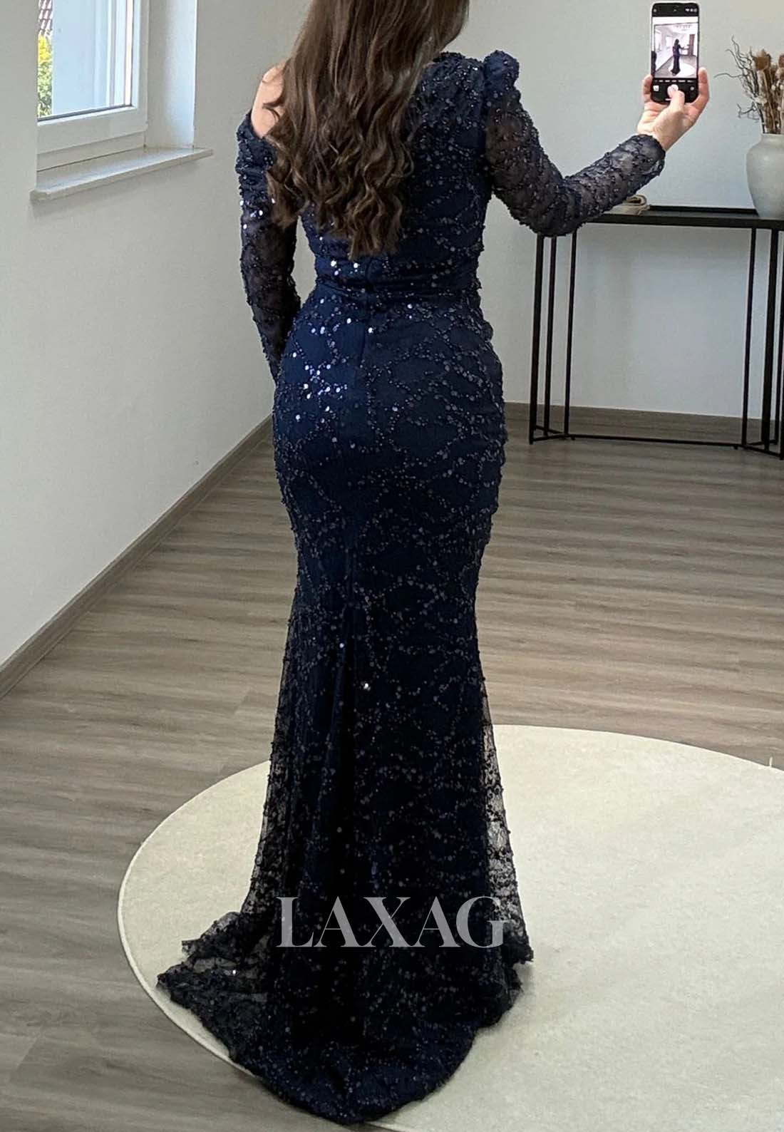 Asymmetrical-Neck Long-Sleeves Pleated Mermaid Evening Dress Fully Sequined Beaded Formal Gowns
