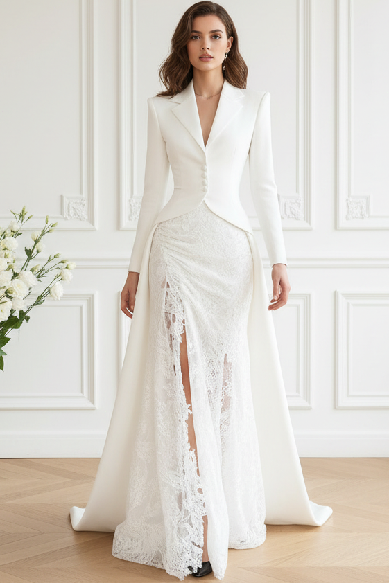 Deep V-Neck Long-Sleeves Satin&Lace Floor-Length Mermaid Evening Dress with Train