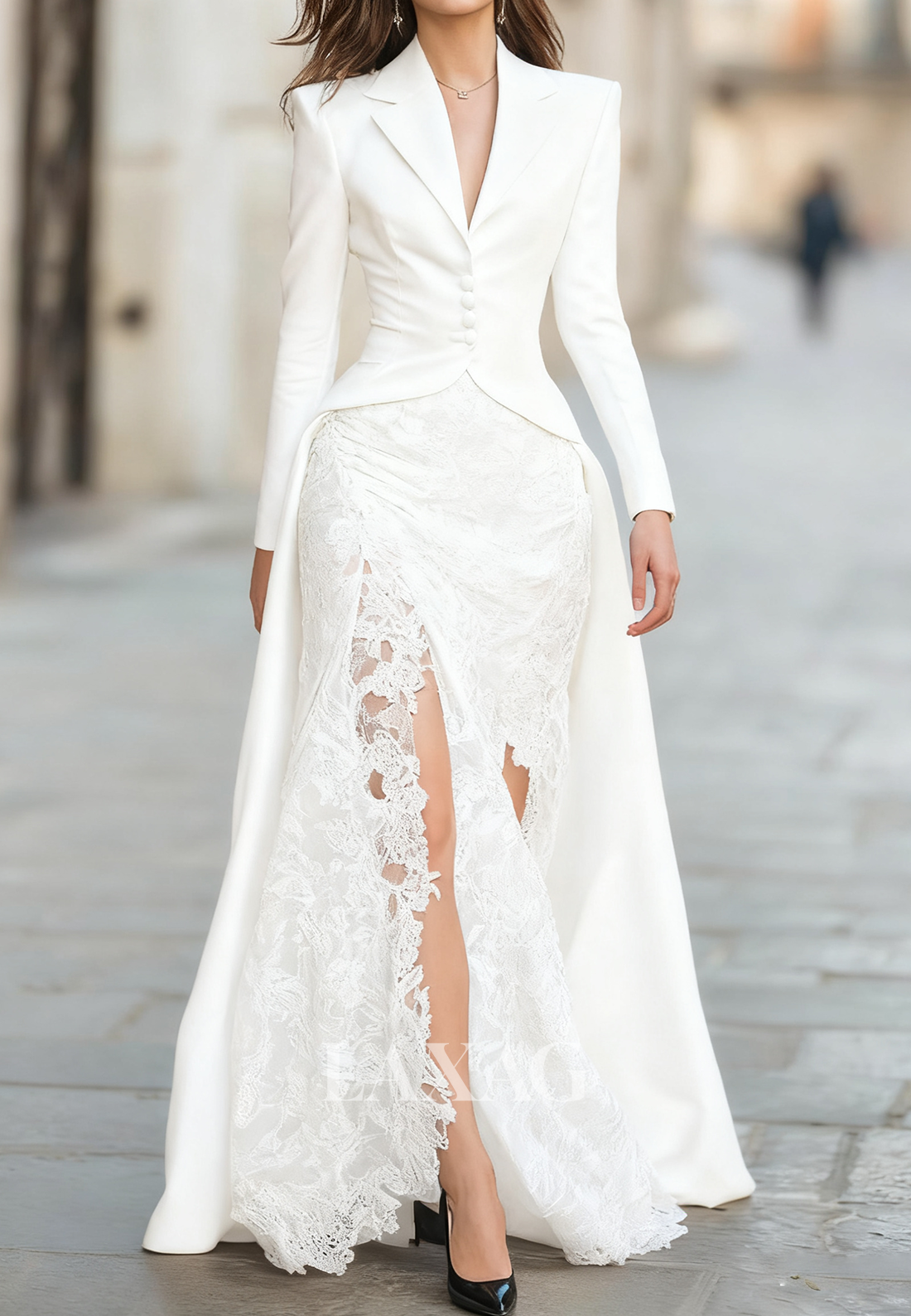 Deep V-Neck Long-Sleeves Satin&Lace Floor-Length Mermaid Evening Dress with Train