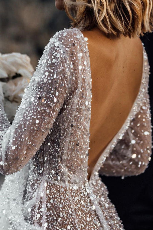 Deep V-Neck Long-Sleeves Fully Sequined Tulle Pleated Mermaid Wedding Dress with Train