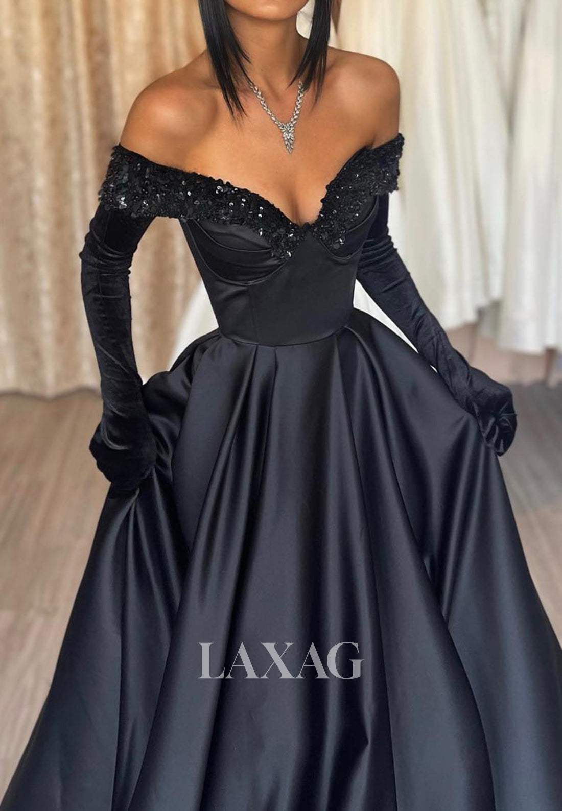 V-Neck Off Shoulder Beaded Sequins A-Line Prom Dress Plated Satin Formal Gowns with Long Gloves