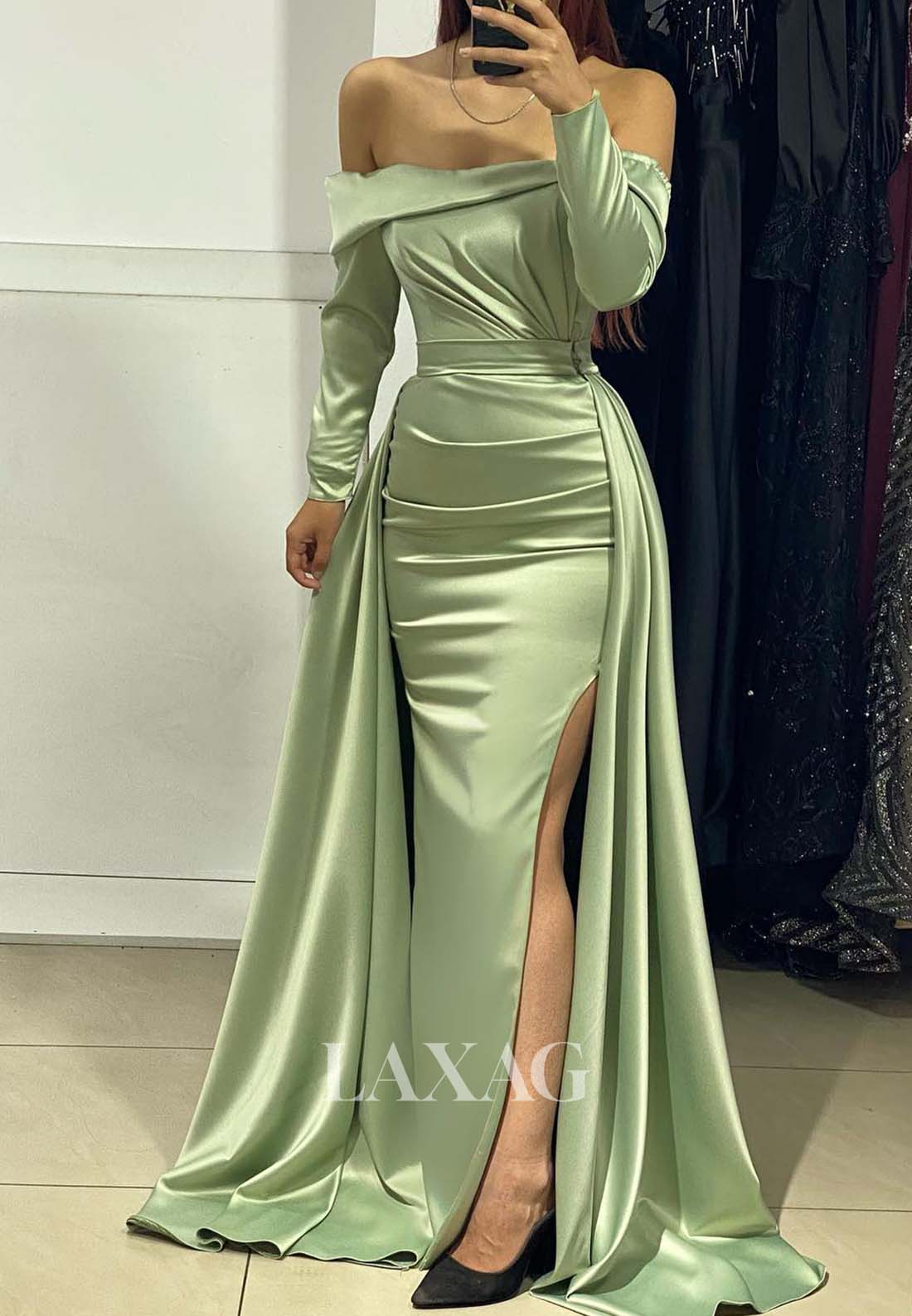 Off-Shoulder Long-Sleeves Evening Gowns Pleated Satin Mermaid Prom Dre Laxag Off-Shoulder Long-Sleeves Evening Gowns Pleated Satin Mermaid Prom Dre Laxag