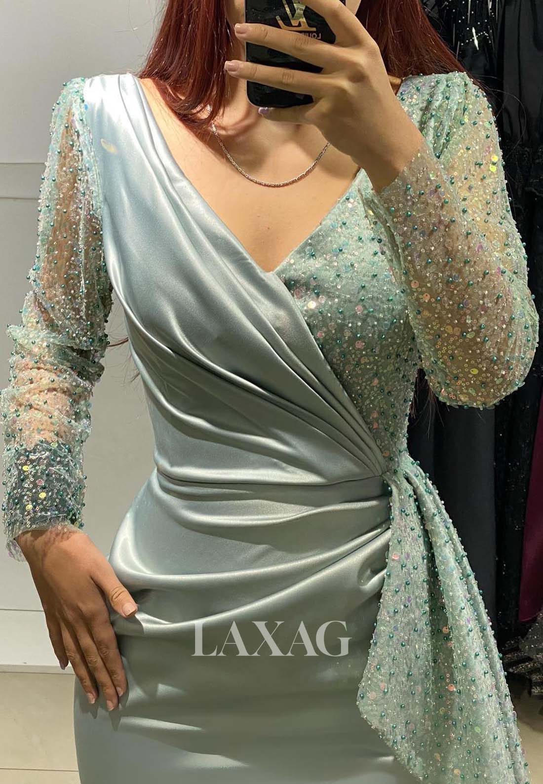V-Neck Beaded Sequined Satin Party Gowns Long-Sleeves Pleated Mermaid Prom Dress