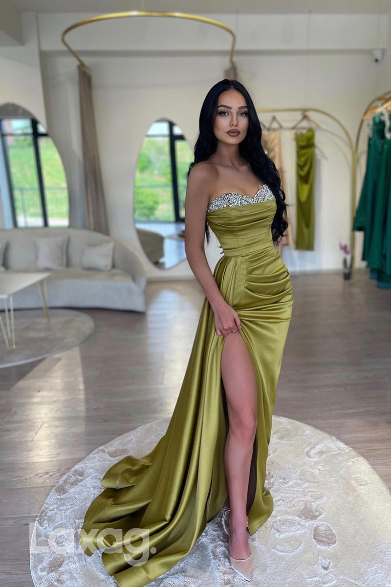 14799 - Sweetheart Crystal Beaded Ruched Prom Evening Dress With Slit