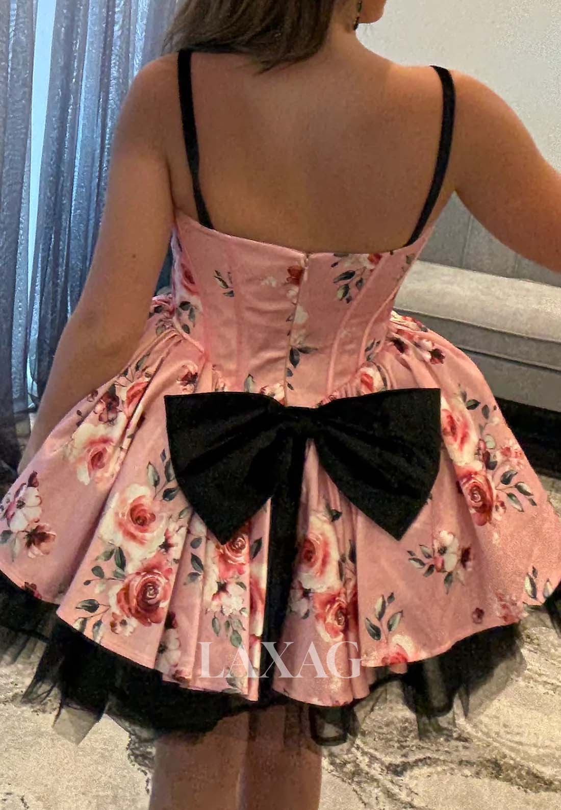 V-Neck Spaghetti Straps Off-Shoulder Print-Satin A-Line Party Homecoming Dress with Bow