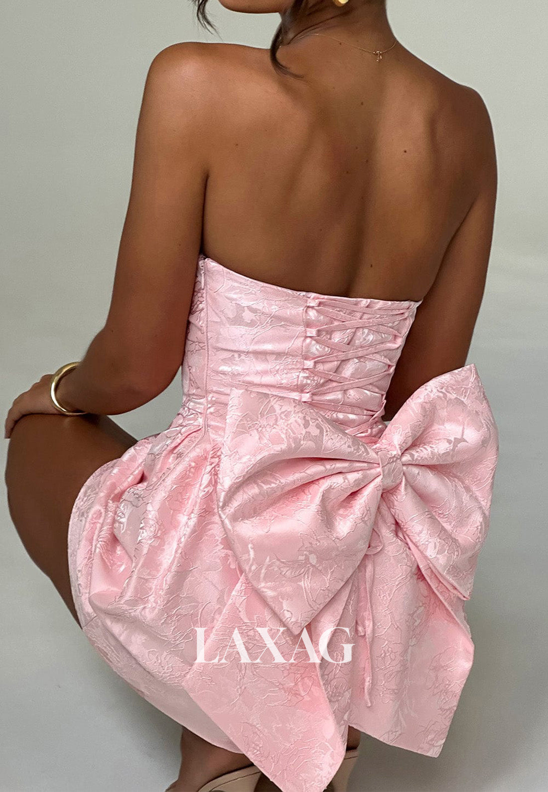 Tube Top Sleeveless Lace Applique Satin A-Line Party Homecoming Dress with Big Bow