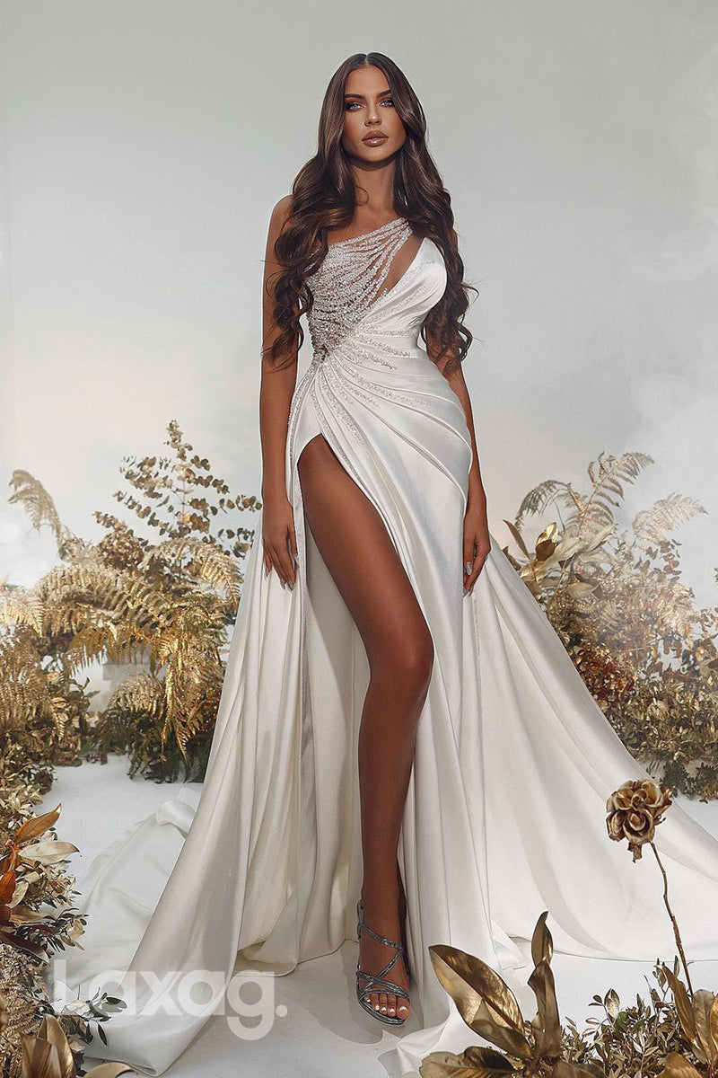 15646 - Asymmetrical Straps Beaded High Split Wedding Dress – Laxag