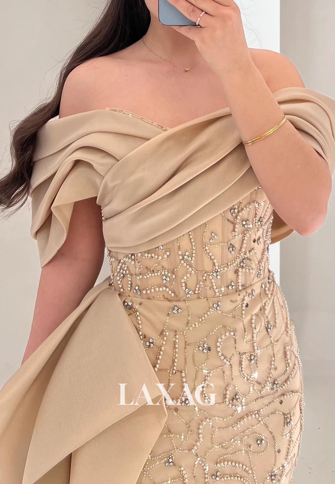 V-Neck Off-Shoulder Sleeveless Fully Sequined Beaded Pleated Chiffon Mermaid Evening Dress