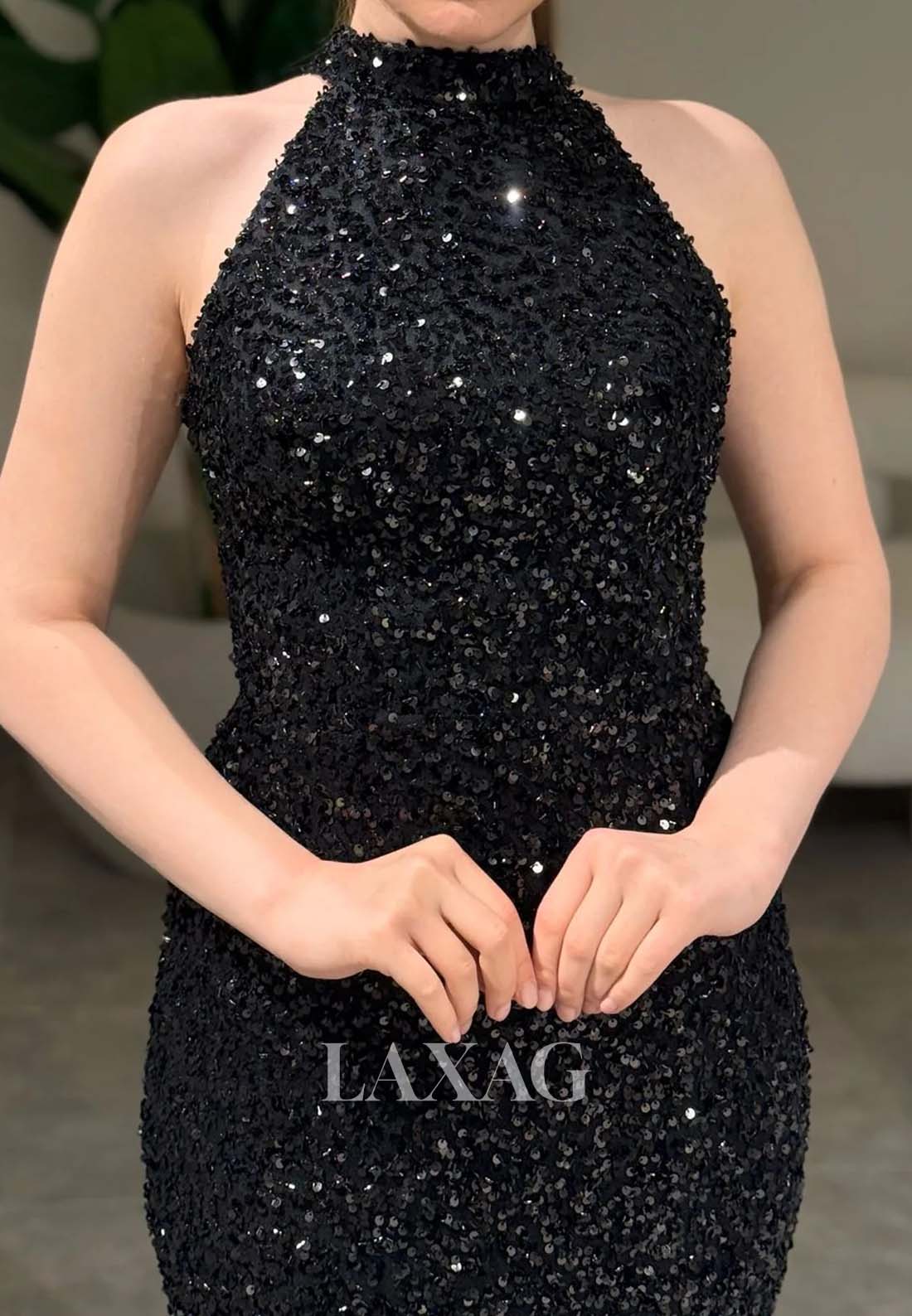 Halter-Neck Off-Shoulder Sleeveless Fully Sequined Short Mermaid Party Homecoming Dress