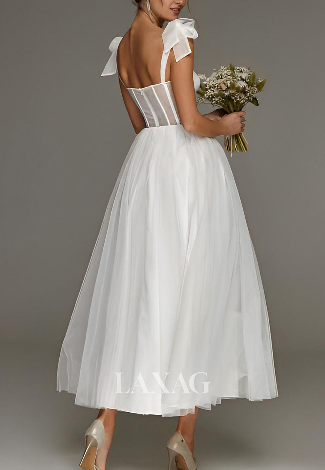 Sweetheart Spaghetti Straps A-Line Boho Wedding Dress Sleeveless Pleated Tulle Midi Bride Gowns