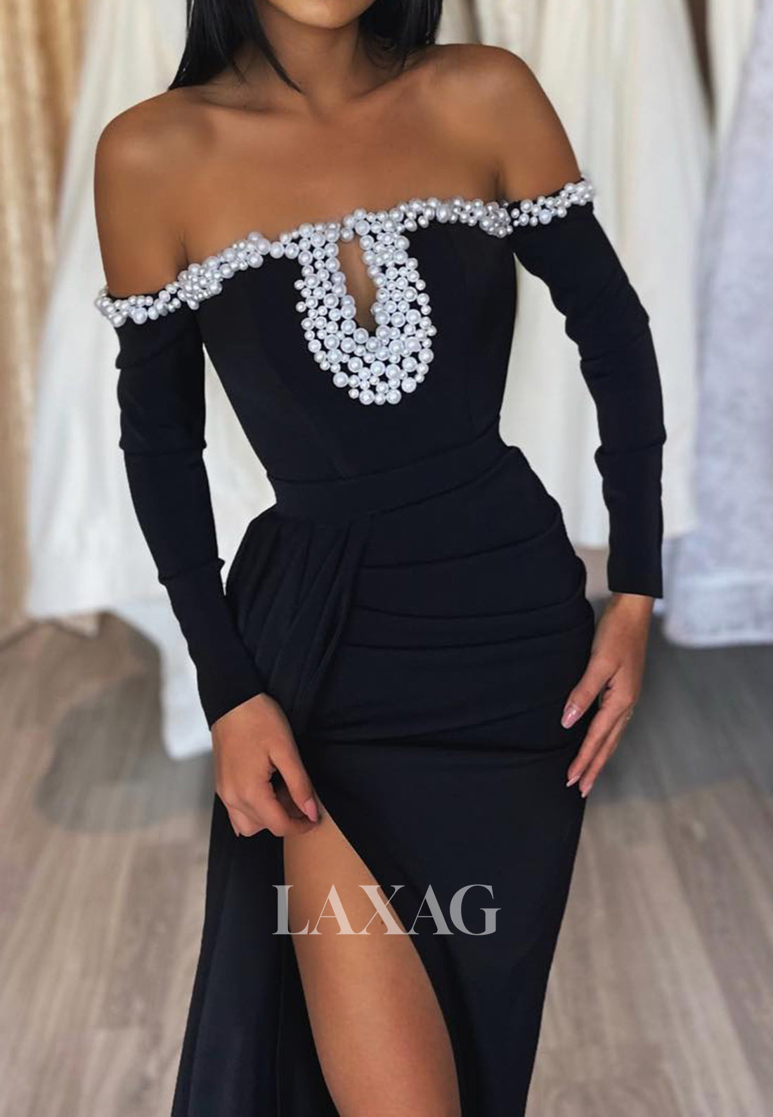 Tube Top Off-Shoulder Pearls Mermaid Prom Dress Long-Sleeves Satin High Slit Evening Gowns