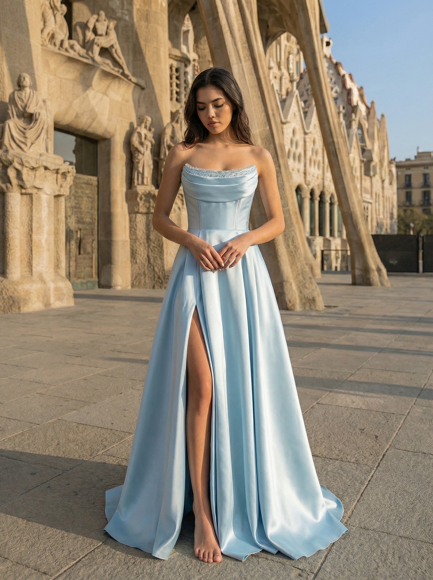 Scoop-Neck Off-Shoulder Sleeveless A-Line Prom Dress Beaded Pleated Satin Slit Evening Dress