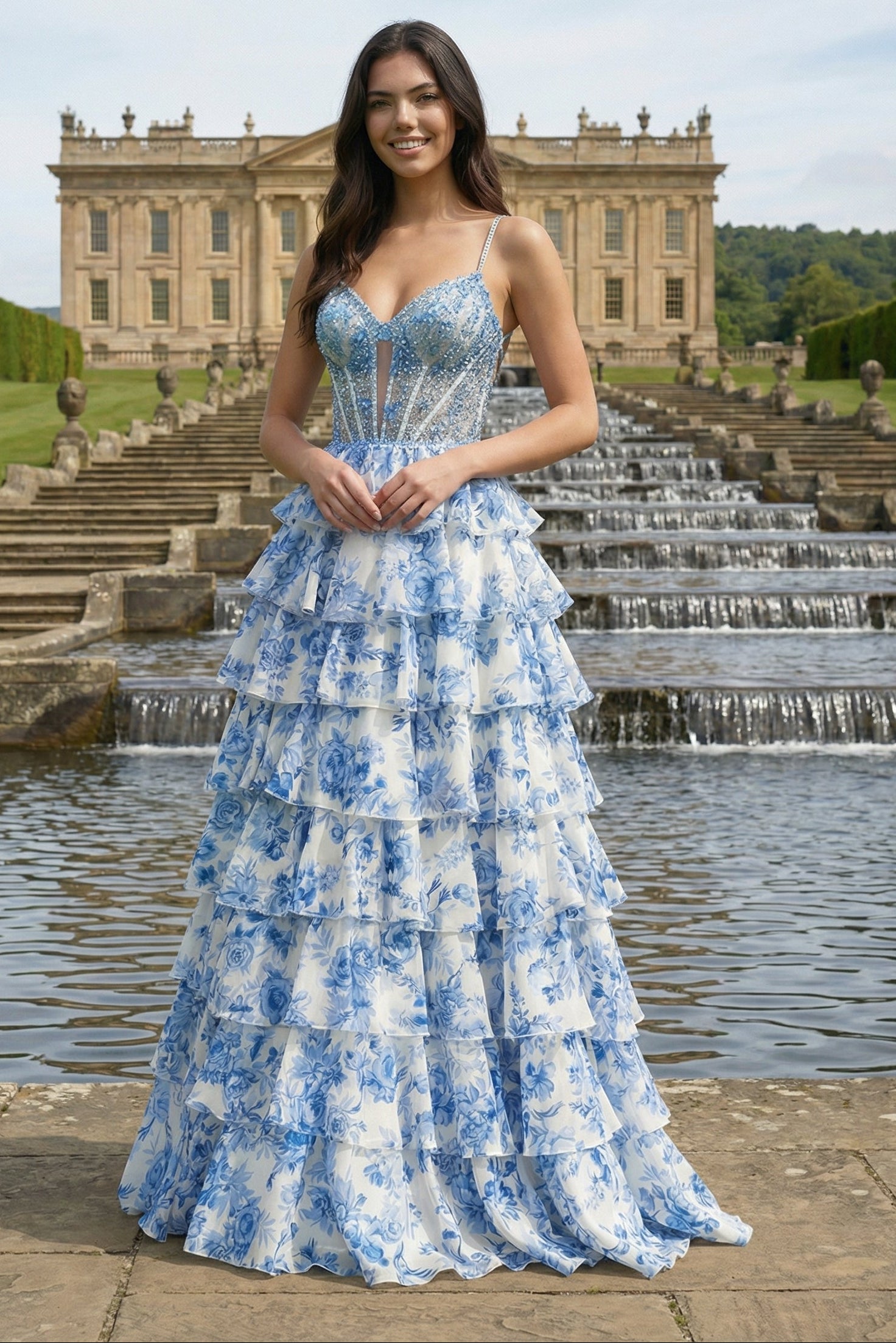 tiered a line prom dress V-Neck Spaghetti Straps A-Line Sequined Applique Pri – Laxag Color:Forest