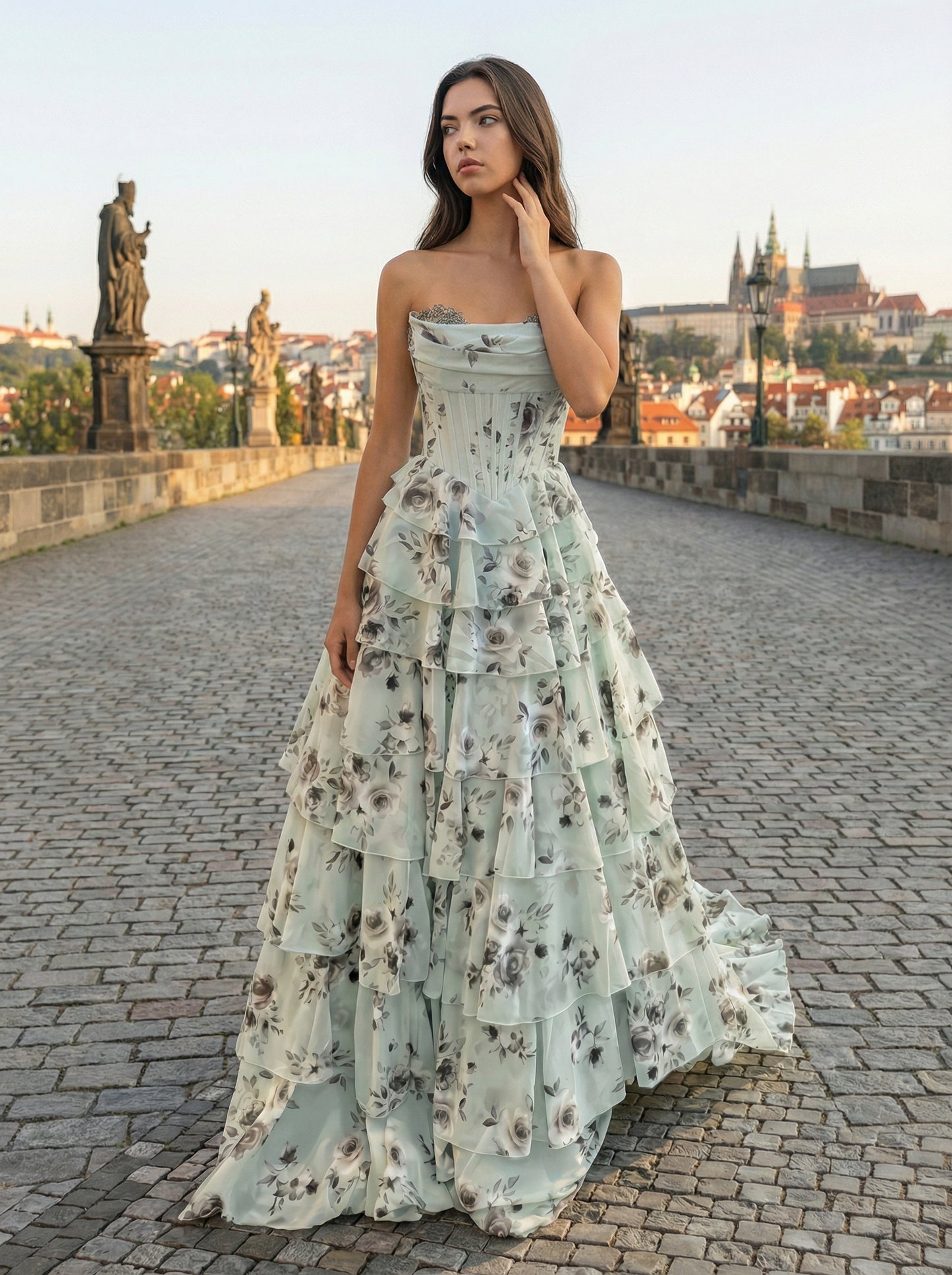 Sweetheart Floor-Length Beaded Print-Chiffon Pleated Tiered A-Line Party Prom Dress