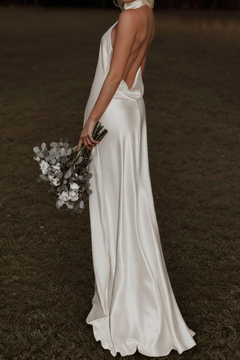Halter-Neck Off-Shoulder Sleeveless Satin Pleated Sweep Train Mermaid Wedding Dress